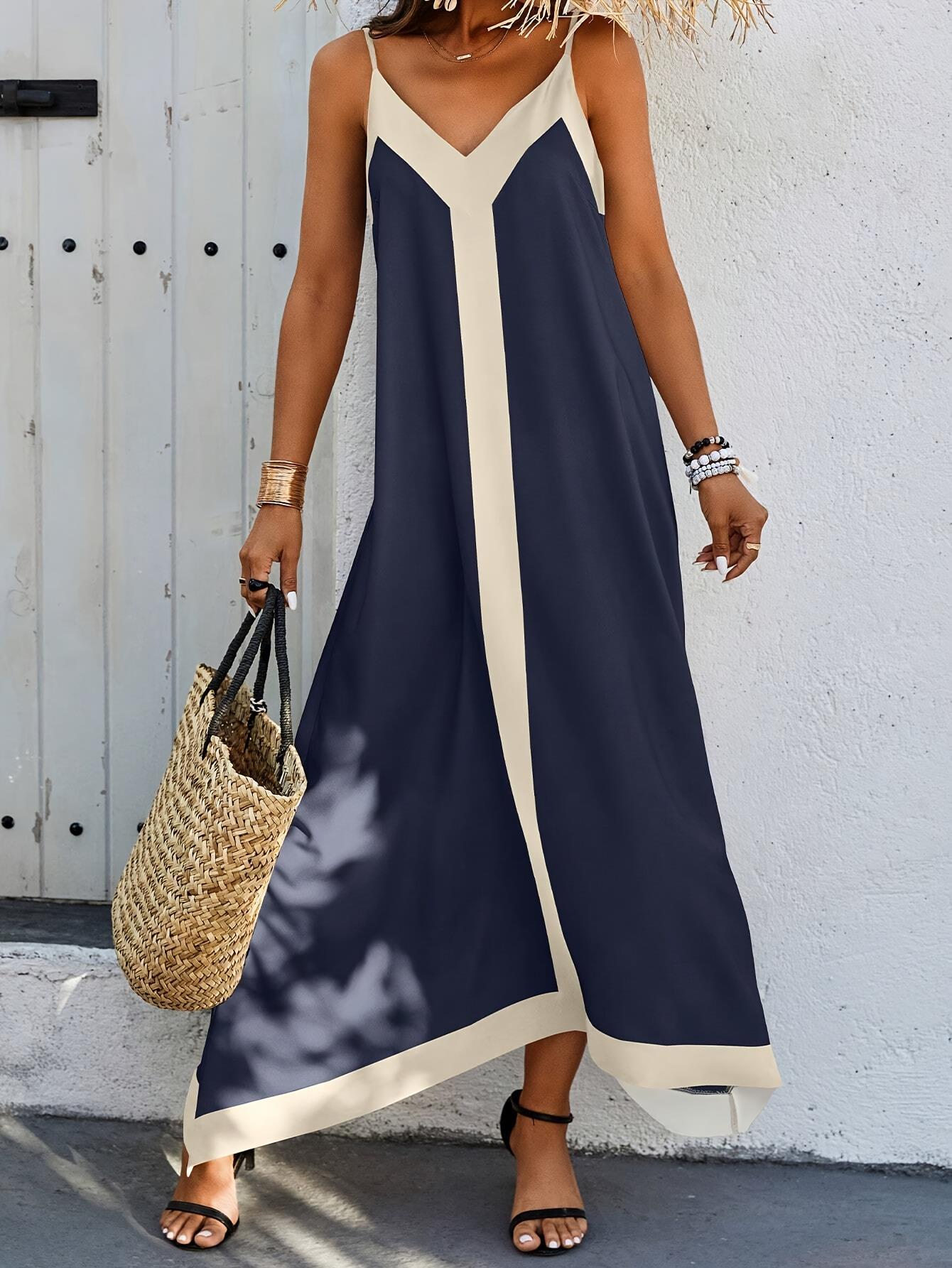 Damen Maxikleid mit V-Ausschnitt und asymmetrischem Saum Sovae