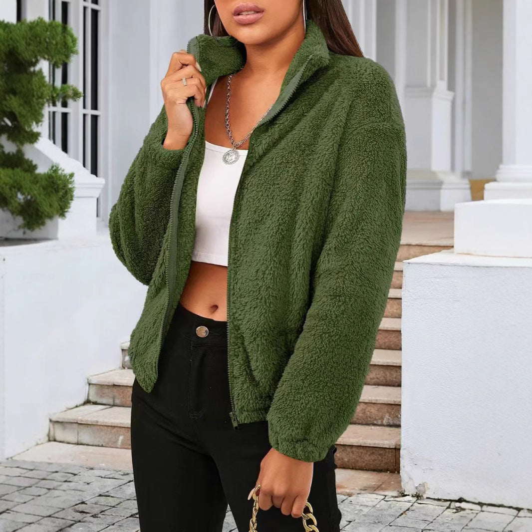 Damen Kuschelige Fleecejacke mit hohem Kragen und seitlichen Taschen Sovae