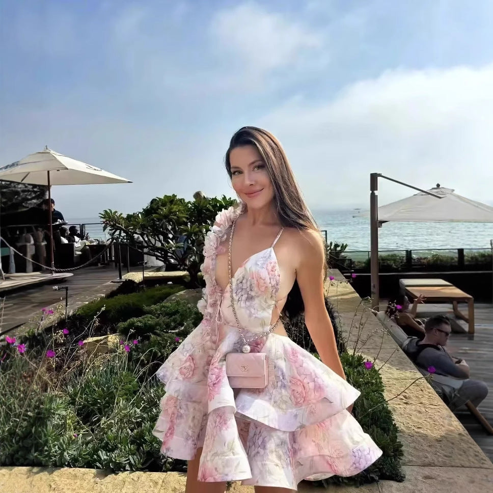 Damen Sommerliches Wickelkleid mit floralem Design und voluminösen Rüschen Sovae