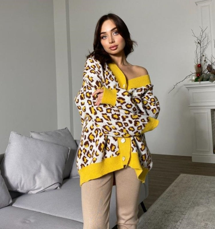 Damen Oversized Pullover mit Schulterdesign und lebhaftem Leopardenmuster Sovae