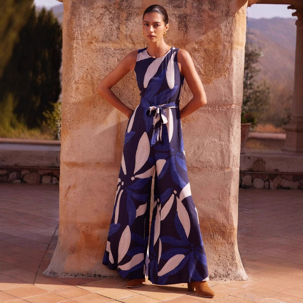 Damen lässiges Maxikleid mit floralem Print und elastischem Taillengürtel Sovae