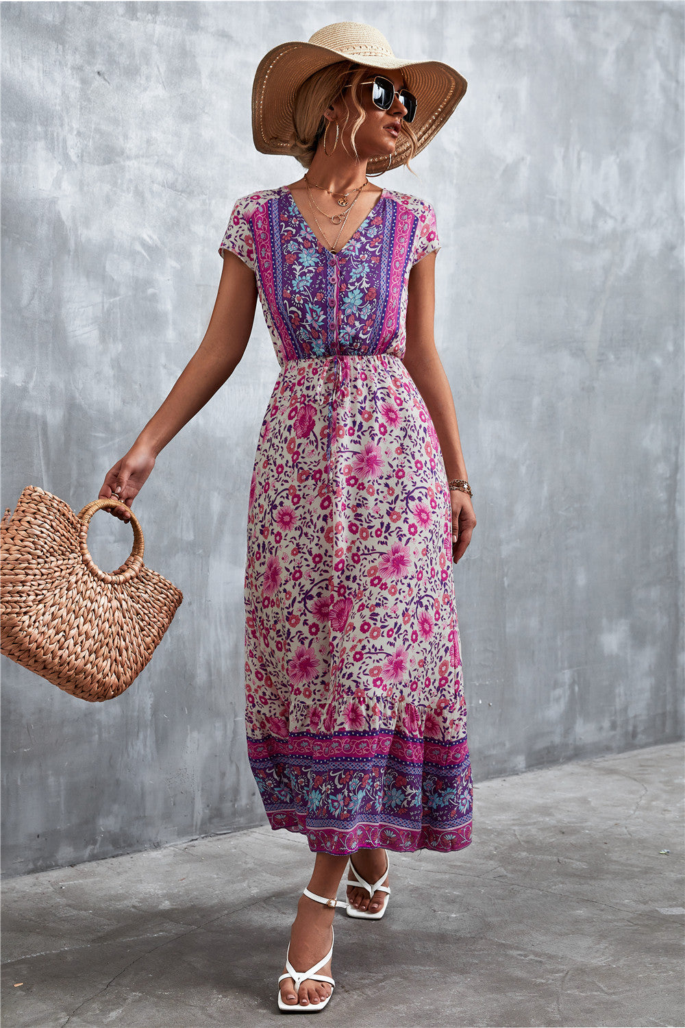 Damen Boho Maxikleid mit floralem Muster und elastischem Taillenzug Sovae
