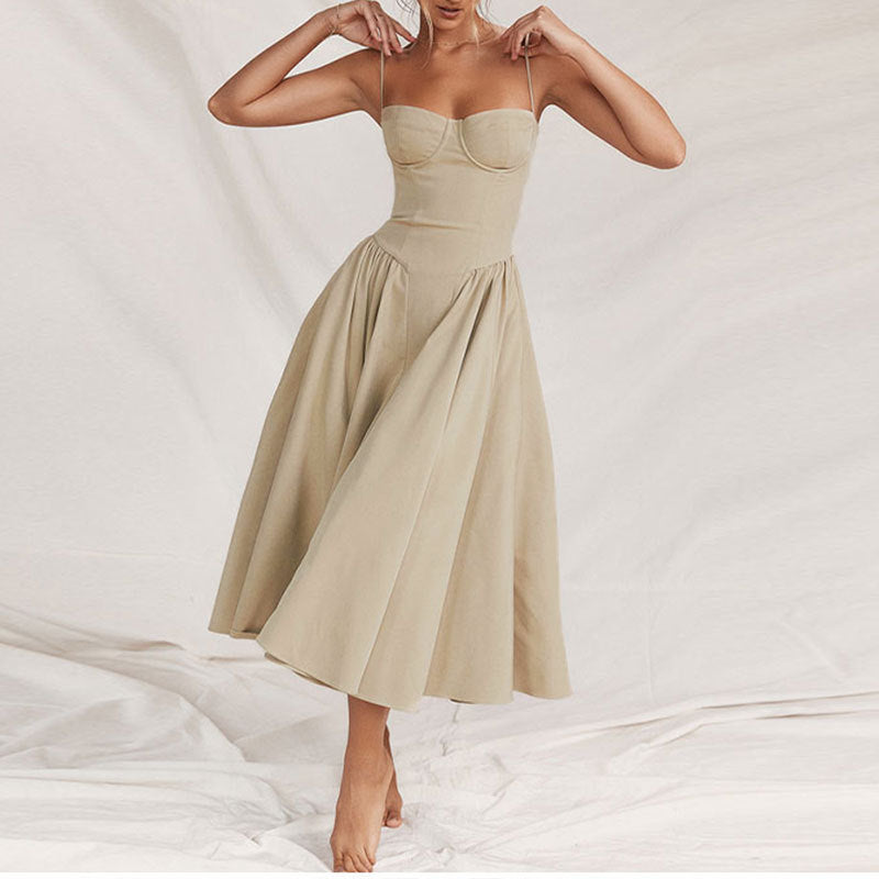 Damen Midikleid mit trägerlosem Design und voluminösem Faltenrock Sovae