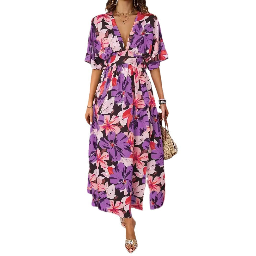 Damen florales Maxikleid mit tiefem V-Ausschnitt und Seitenschlitzen Sovae