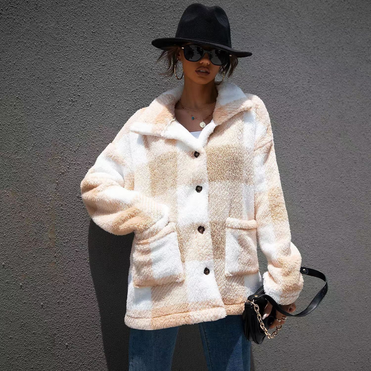 Damen Kuschelige Plüschjacke mit Karomuster Sovae