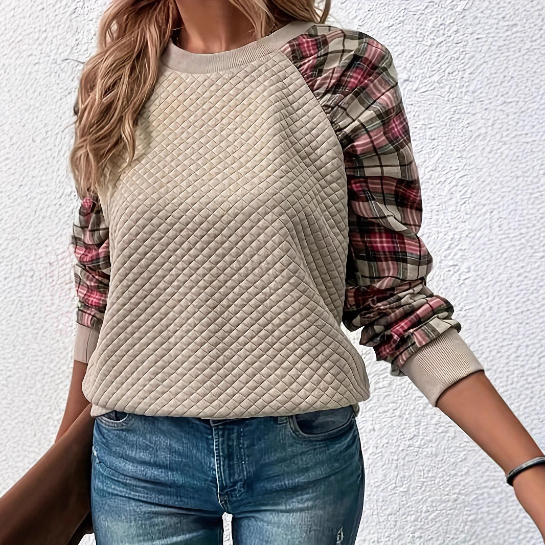 Damen Sweatshirt mit quadratischem Steppmuster und karierten Ärmeln Sovae