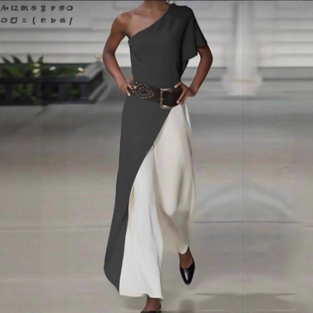 Damen Elegantes Einseitiges Maxikleid mit asymmetrischem Schnitt und schickem Gürtel Sovae