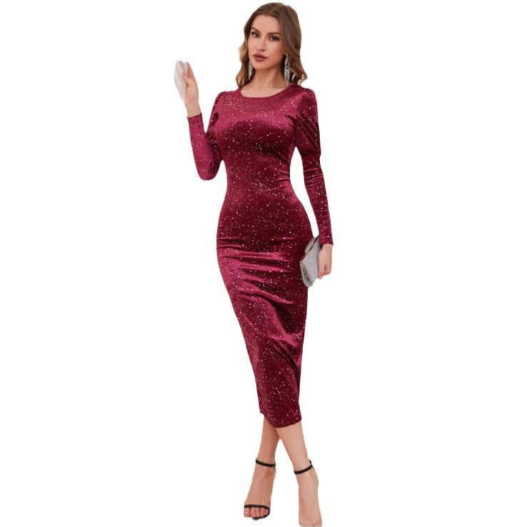 Damen Elegantes Glitzer-Midikleid mit langen Ärmeln Sovae