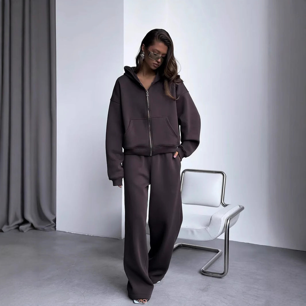 Damen stylischer Freizeit-Hoodie mit durchgehendem Reißverschluss und bequemen Jogginghosen Sovae