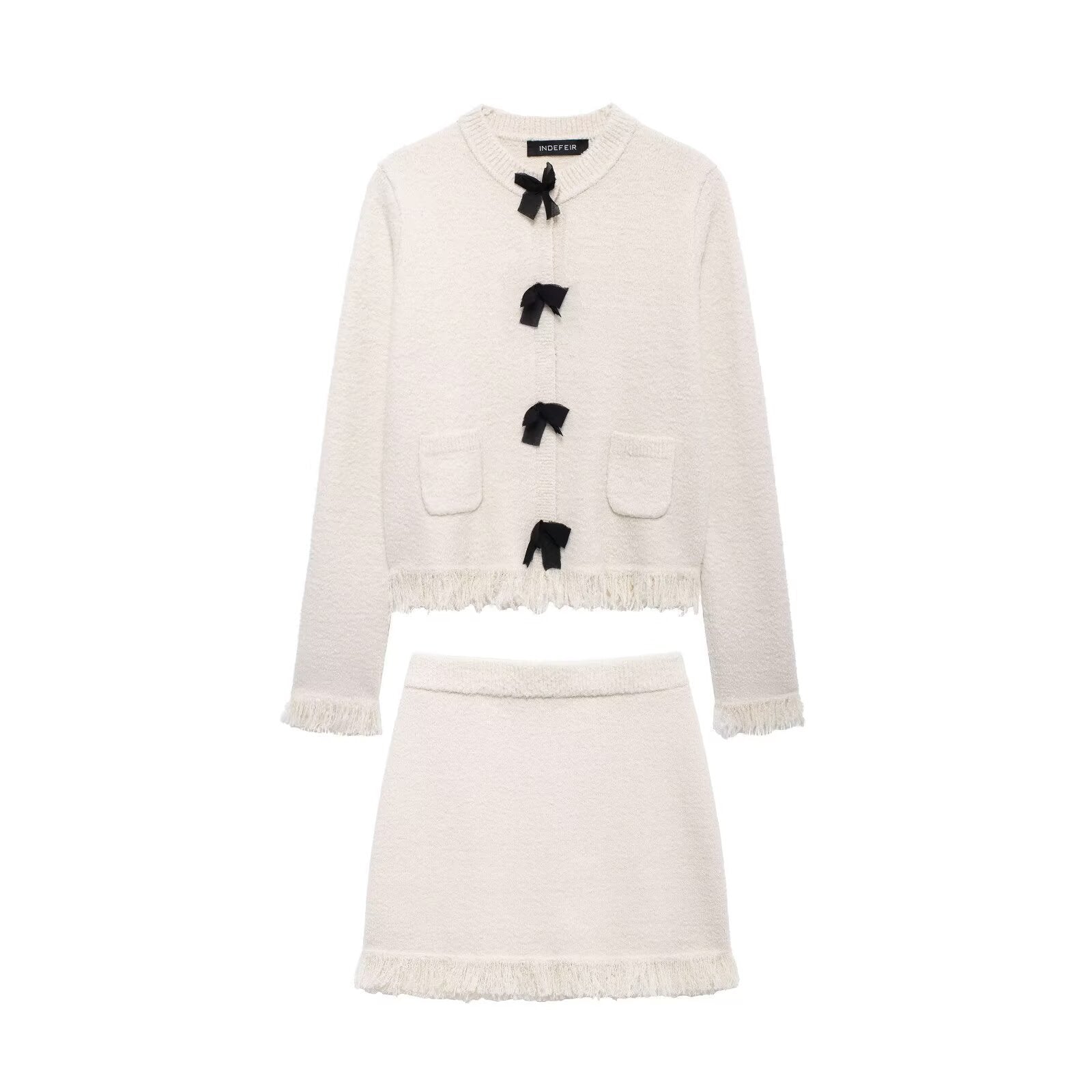 Damen elegante Strickjacke mit dekorativen Schleifen und Fransen Sovae