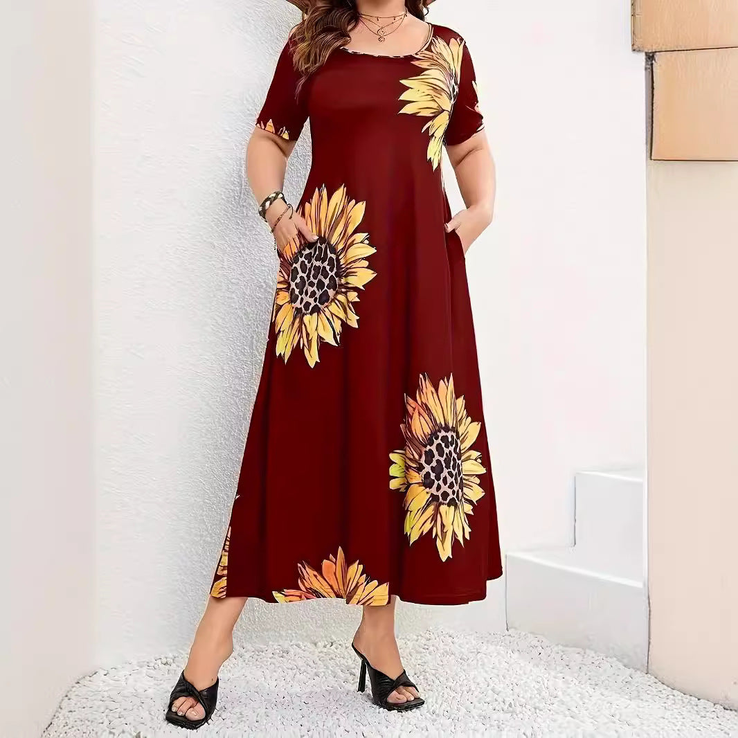 Damen Elegantes Maxikleid mit Blumenmuster und Taschen Sovae