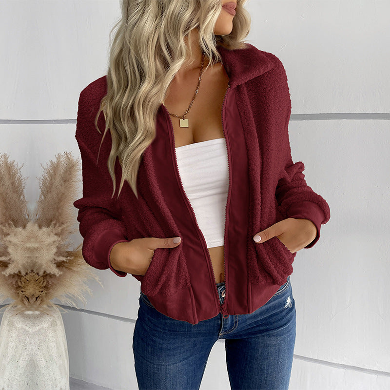 Damen Sportliche Plüschjacke mit Reißverschluss und praktischen Taschen Sovae