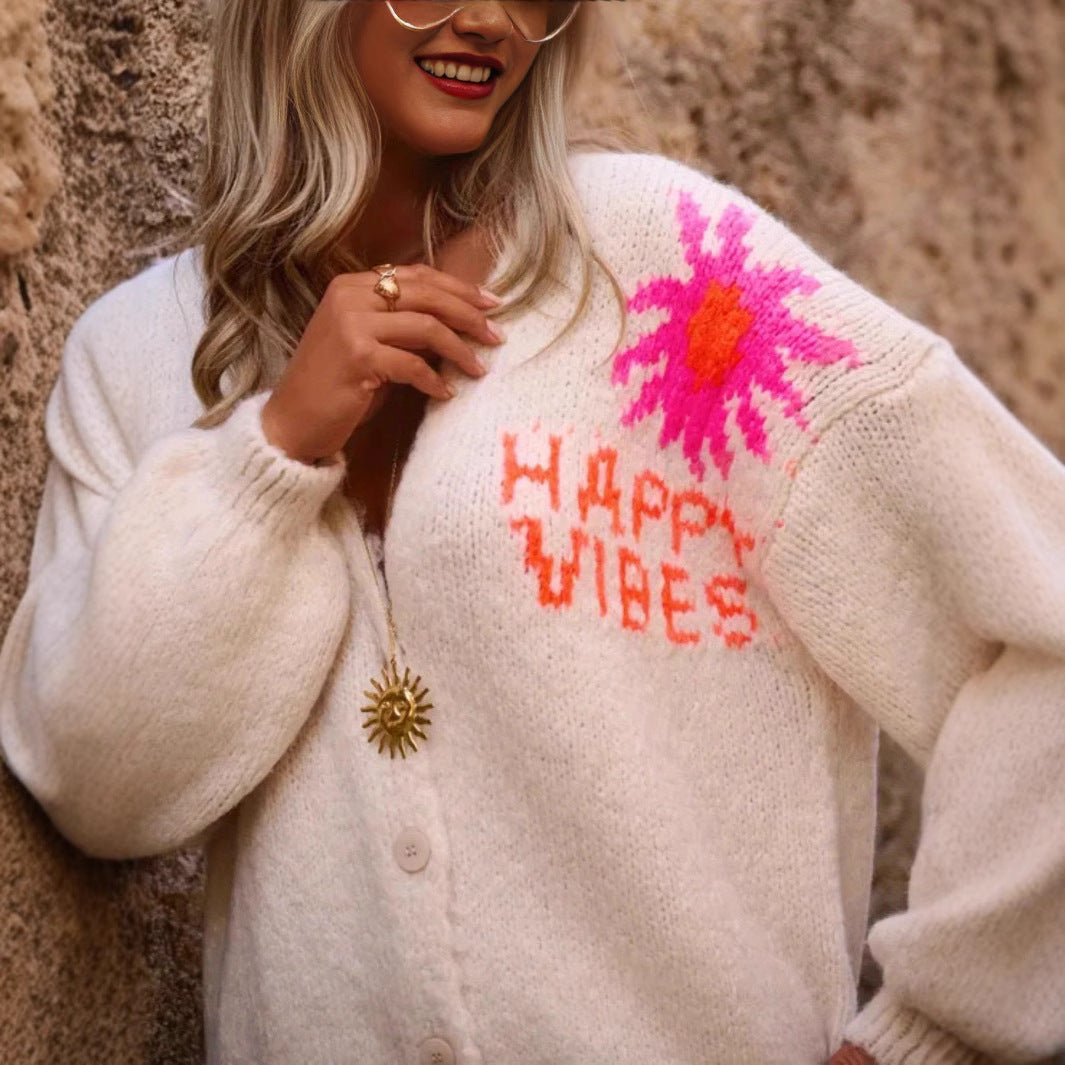 Damen lässige Strickjacke mit buntem Grafikdesign Sovae