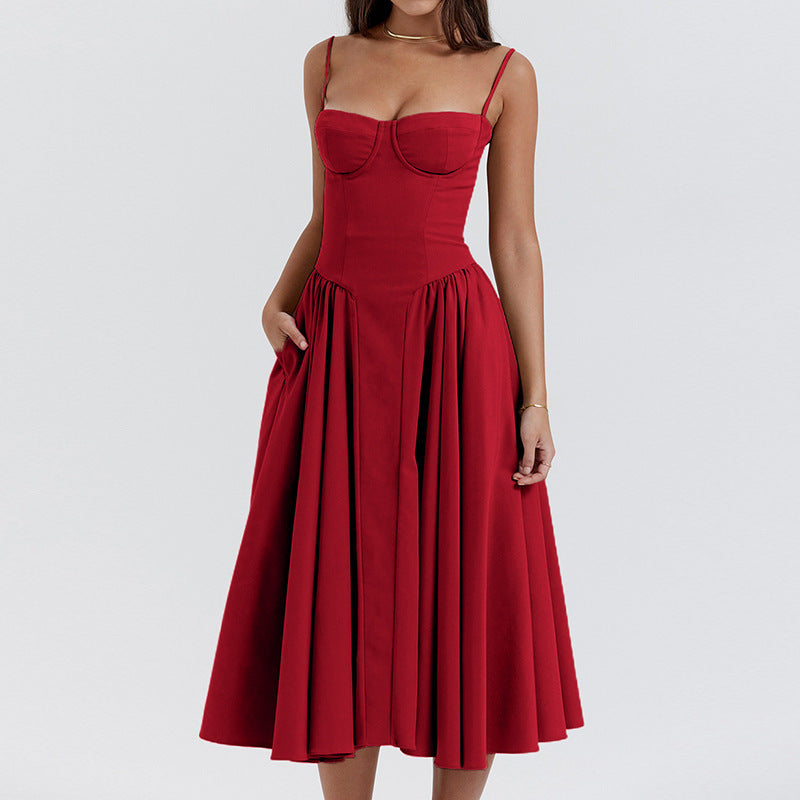Damen Midikleid mit trägerlosem Design und voluminösem Faltenrock Sovae