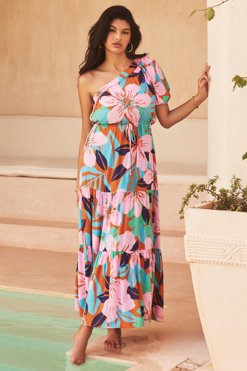 Damen Maxikleid mit asymmetrischem Träger und mehrlagigem Volant Sovae