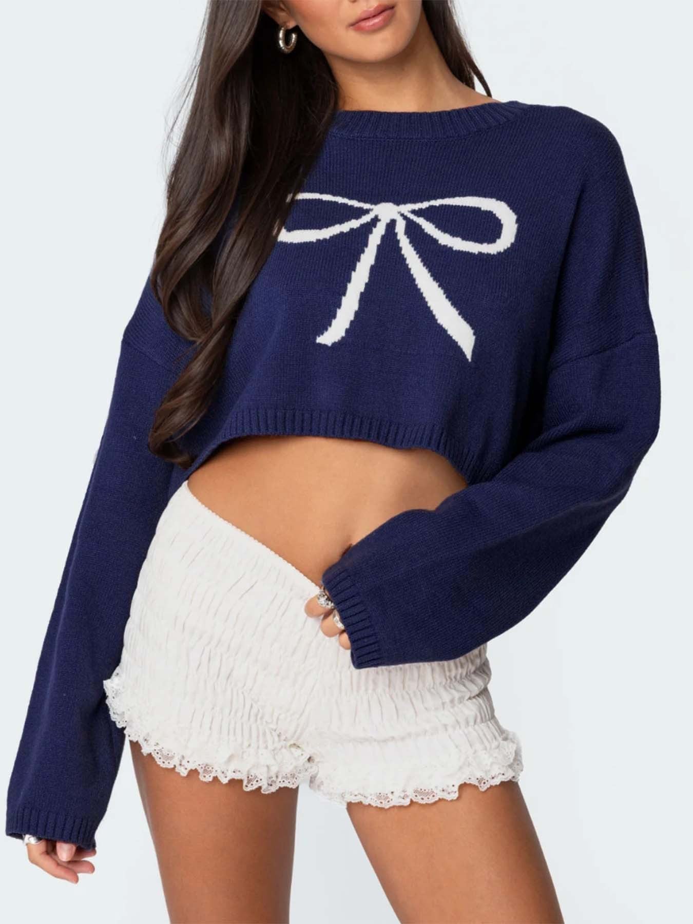 Damen lockerer cropped Pullover mit dekorativem Schleifenmuster Sovae