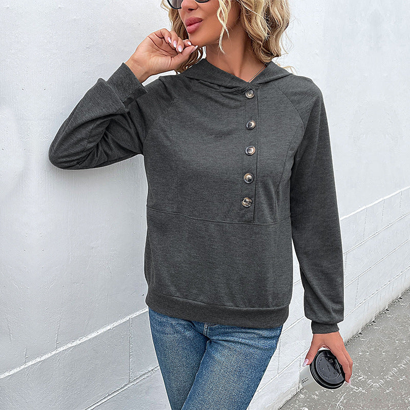 Damen lässiger Kapuzenpullover mit Knopfleiste und Raglanärmeln Sovae