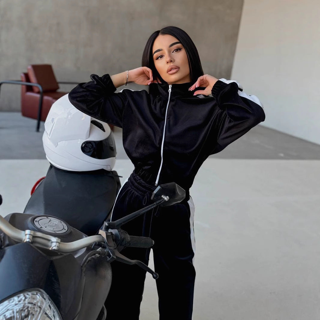 Damen Velours Freizeitanzug mit Reißverschluss Sovae