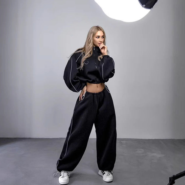 Damen oversized Sweatjacke mit hohem Kragen und elastischer Bundhose Sovae
