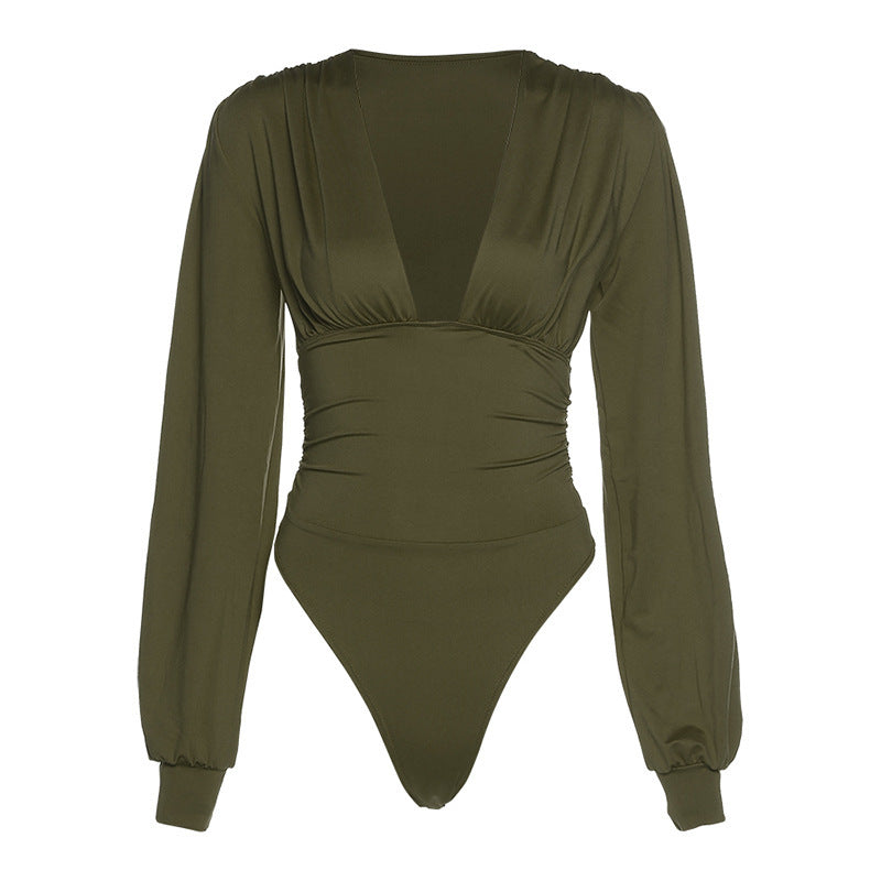 Damen Eleganter Langarm-Bodysuit mit V-Ausschnitt Sovae