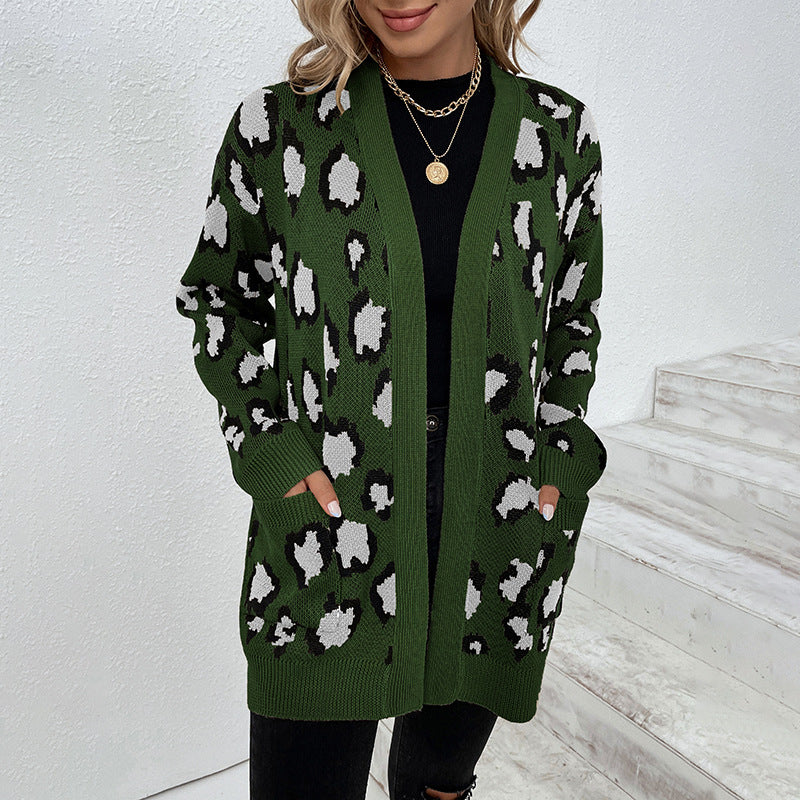 Damen modische Strickjacke mit Leopardenmuster und praktischen Taschen Sovae