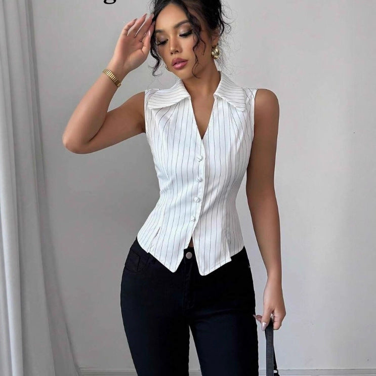 Damen Modische Bluse mit vertikalen Streifen und Knopfdetails Sovae