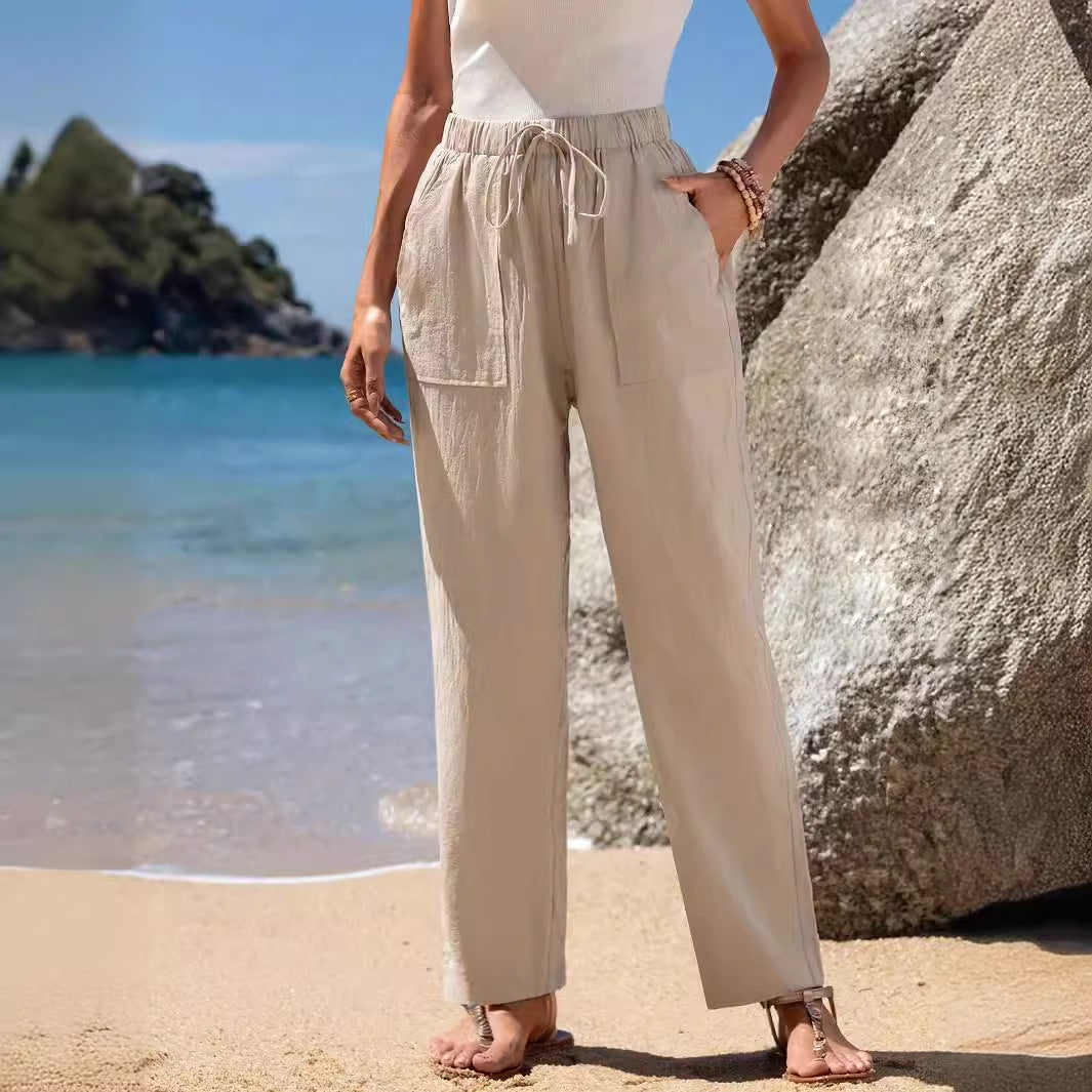 Damen weite Leinenhose mit elastischem Bund und Taschen Sovae