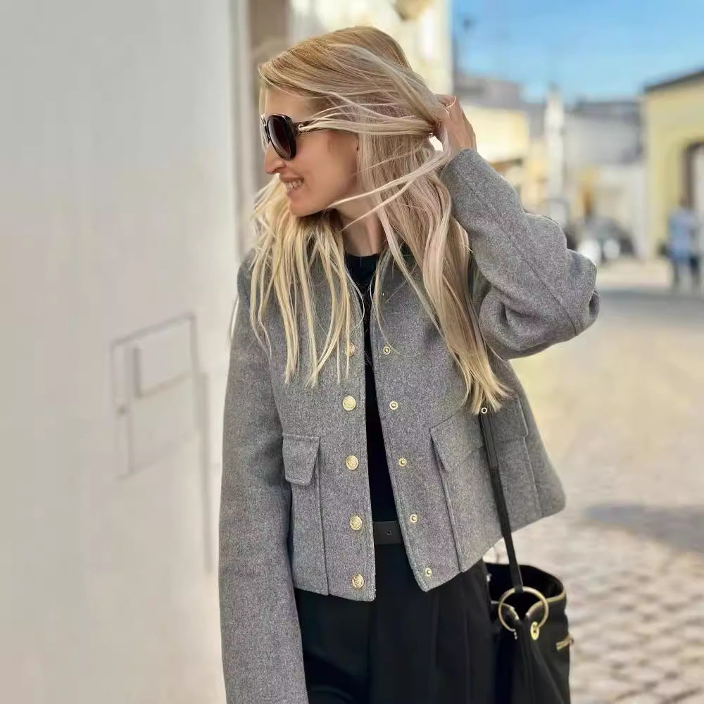 Damen modische Jacke mit Knopfleiste und praktischen Taschen Sovae