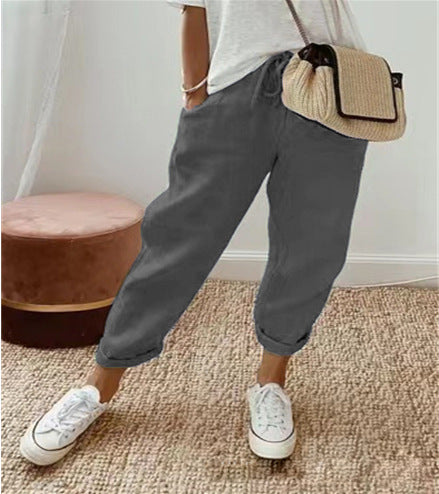 Damen bequeme Leinenhose mit elastischem Bund Sovae