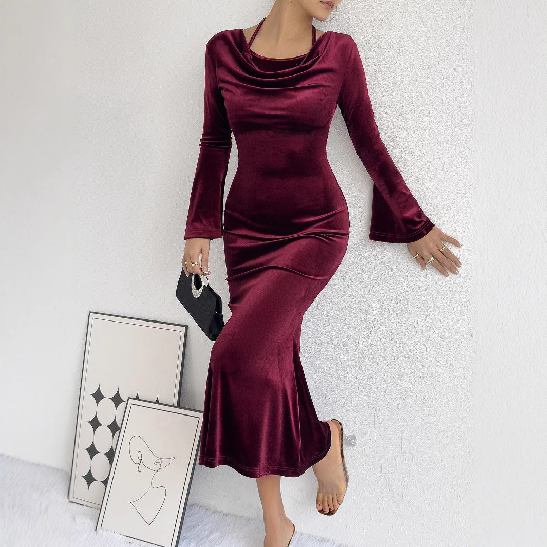 Damen Elegantes Samt-Midikleid mit Wasserfall-Ausschnitt Sovae