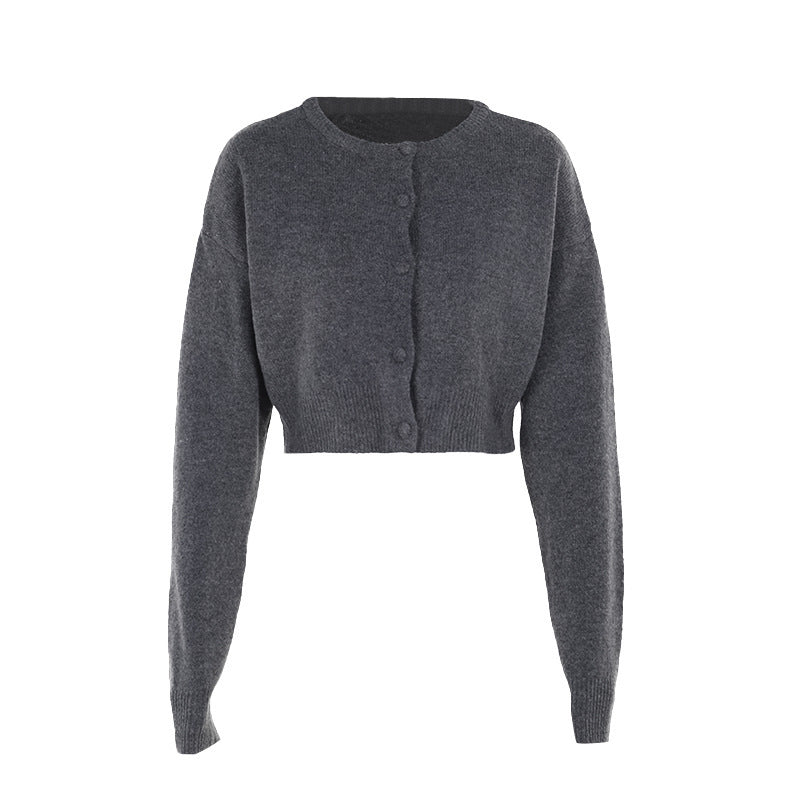 Damen Kurzer Strickpullover mit Rundhalsausschnitt und Knopfverschluss Sovae