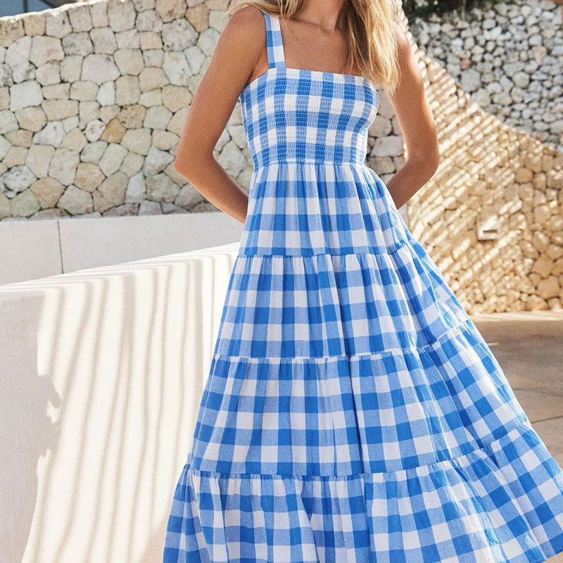 Damen lässiges Maxikleid mit Karomuster und verstellbaren Spaghettiträgern Sovae