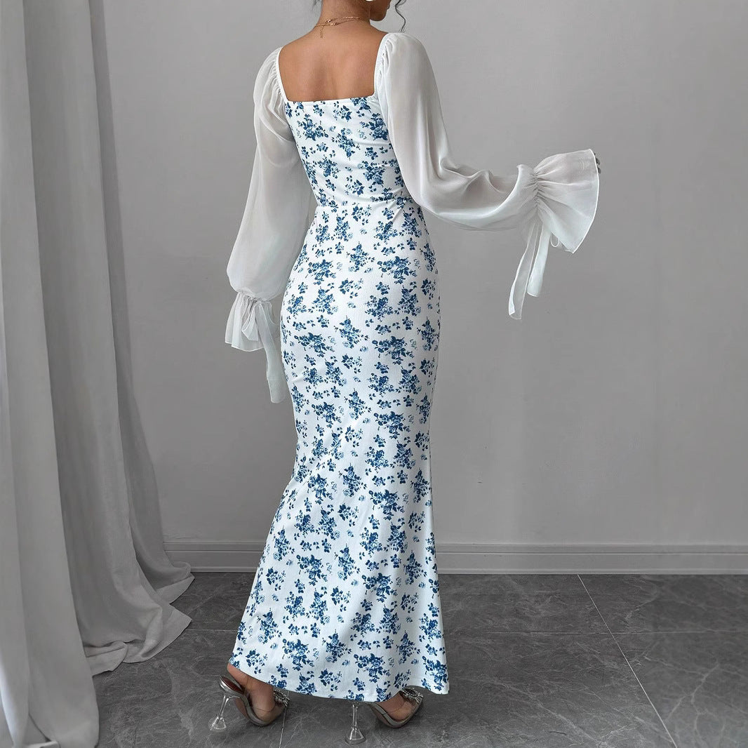 Damen Maxikleid mit floralen Akzenten und eleganten Puffärmeln Sovae