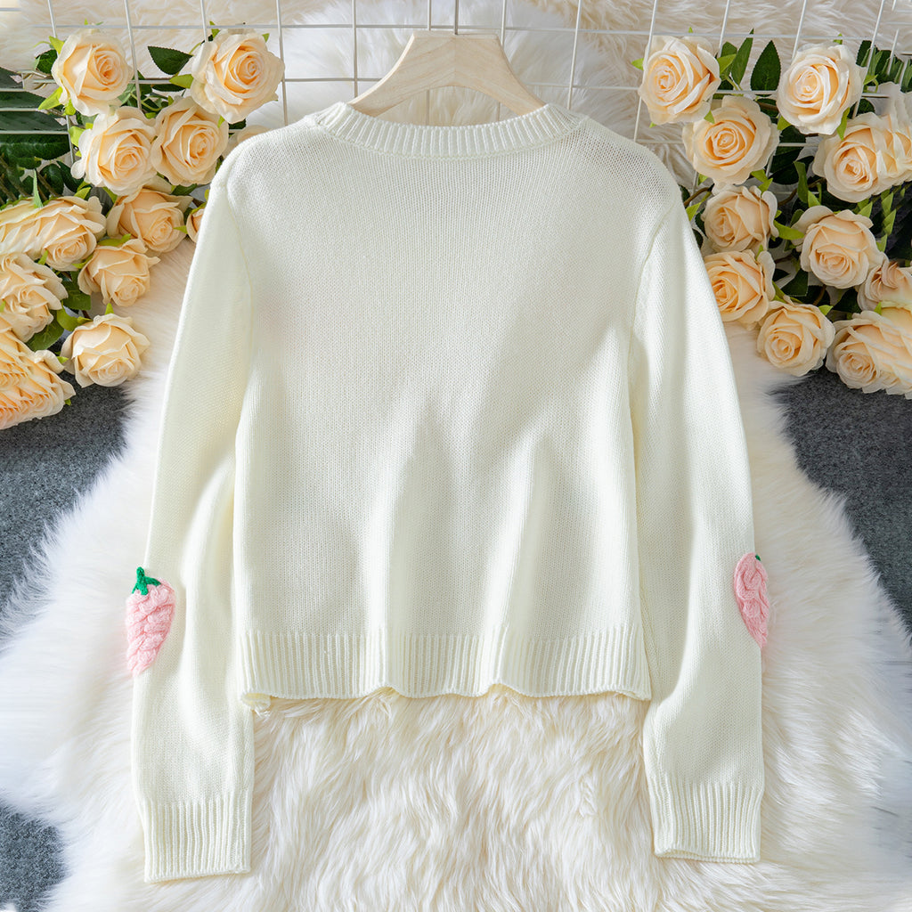 Damen Strickpullover mit Erdbeer-Applikationen und lässigem Schnitt Sovae