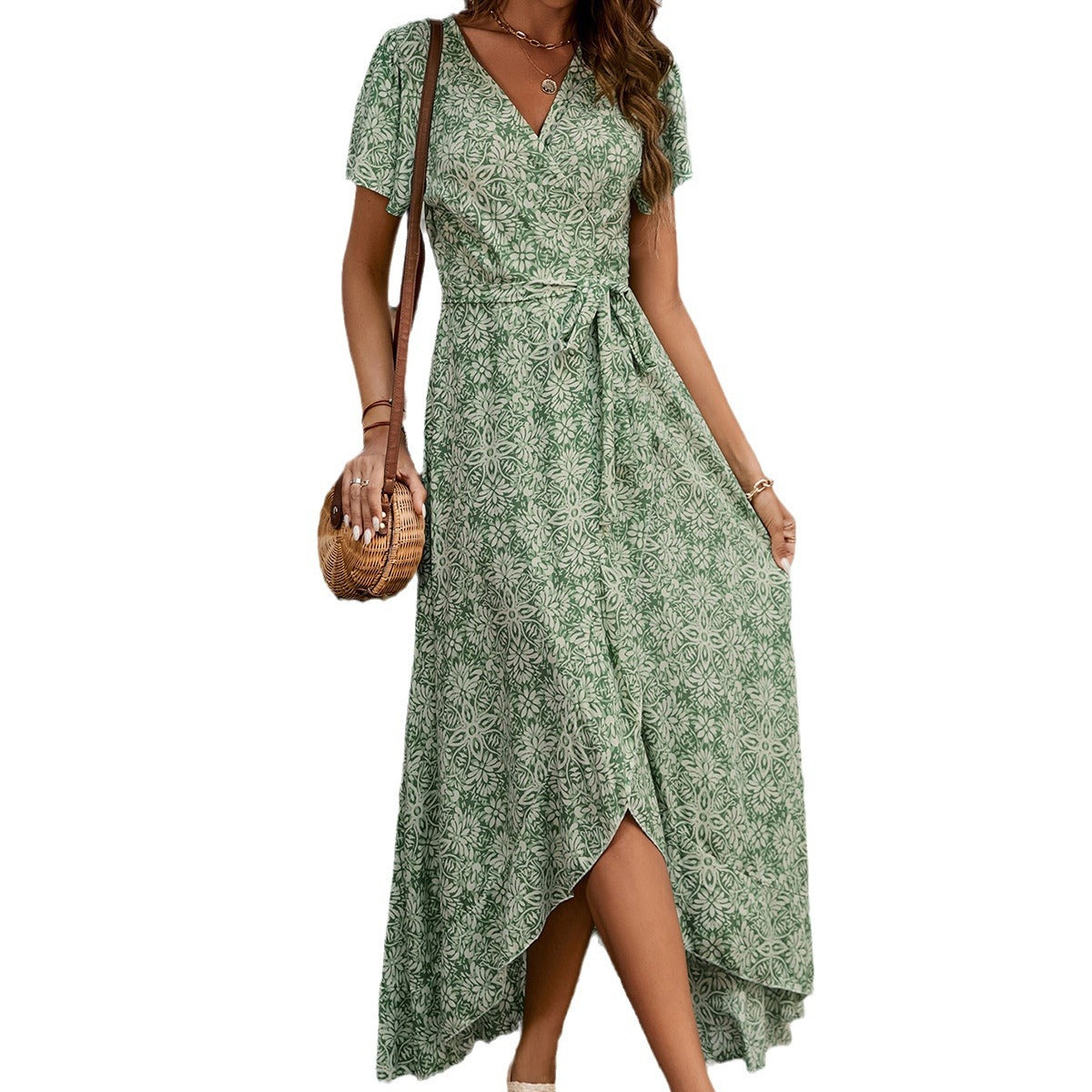 Damen Maxi-Wickelkleid mit asymmetrischem Saum und tropischem Muster Sovae