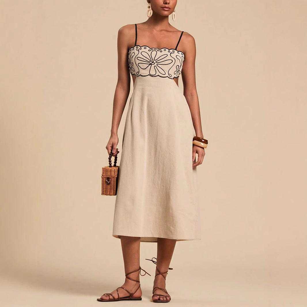 Damen Midikleid mit floralem Stickdesign und verstellbaren Trägern Sovae