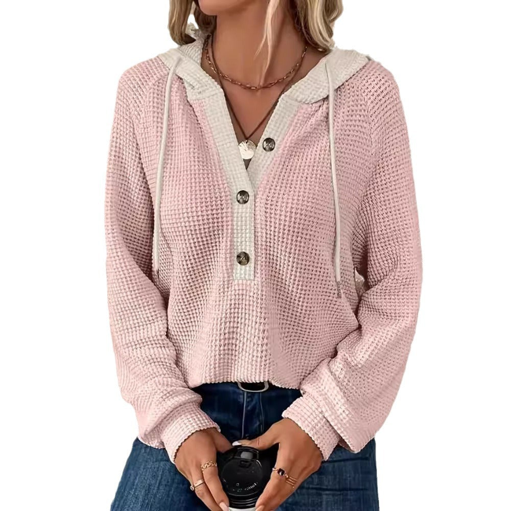 Damen lässige Waffelstruktur Pullover mit Kapuze und Knopfdetails Sovae