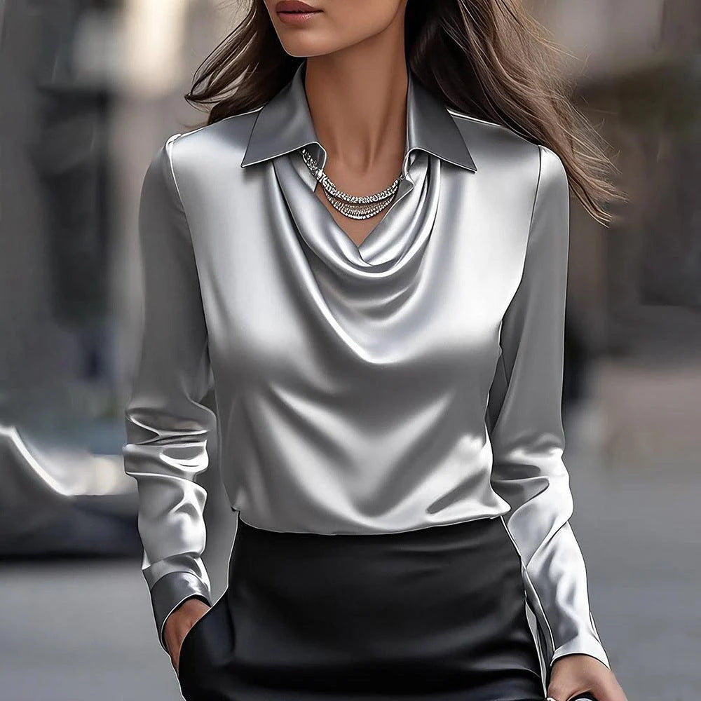 Damen elegante Satinbluse mit Wasserfallausschnitt Sovae