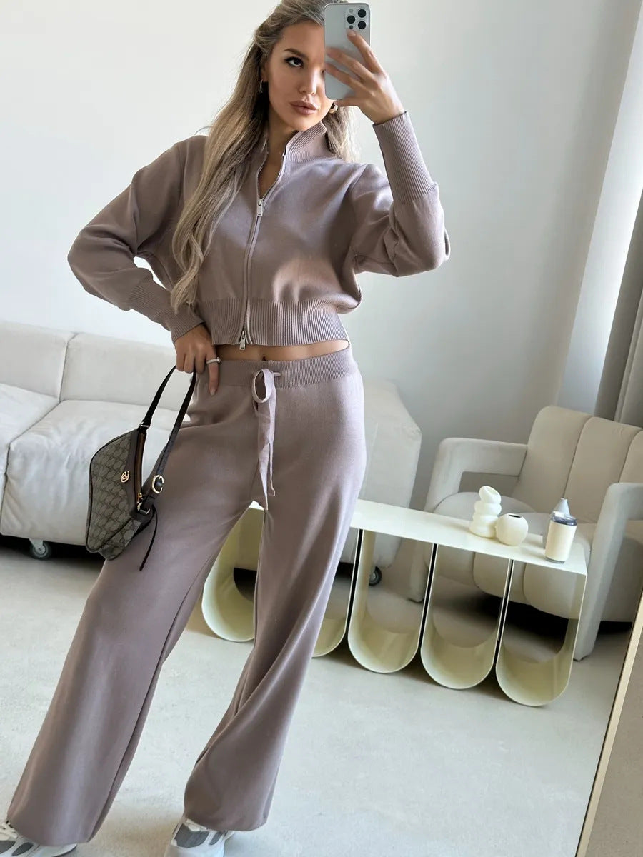 Damen lockerer Strick-Loungewear-Anzug mit hohem Kragen Sovae