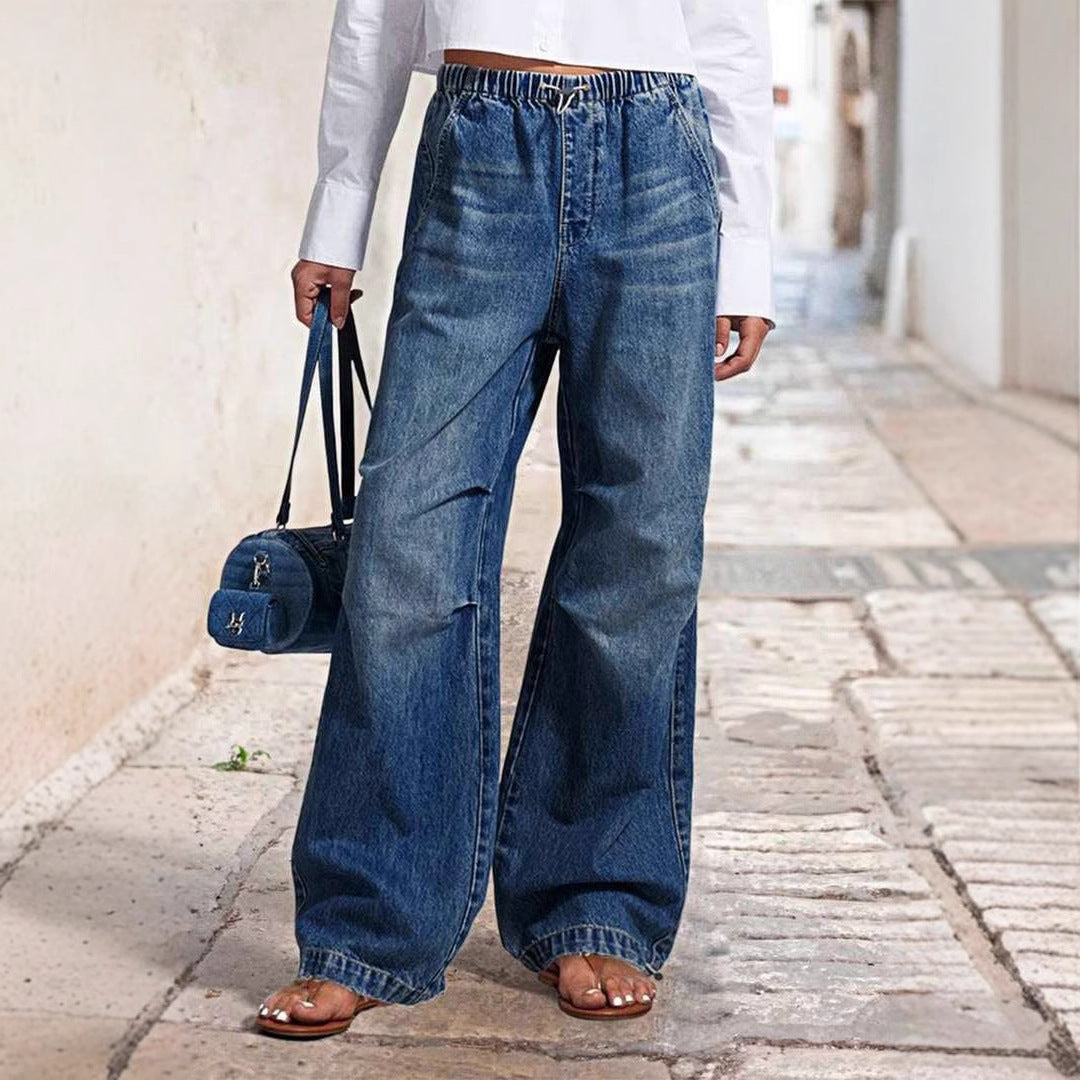 Damen weite High-Waist Denim-Hose mit elastischem Bund Sovae