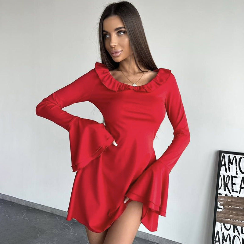 Damen Elegantes Minikleid mit Rüschensaum und langen Ärmeln Sovae