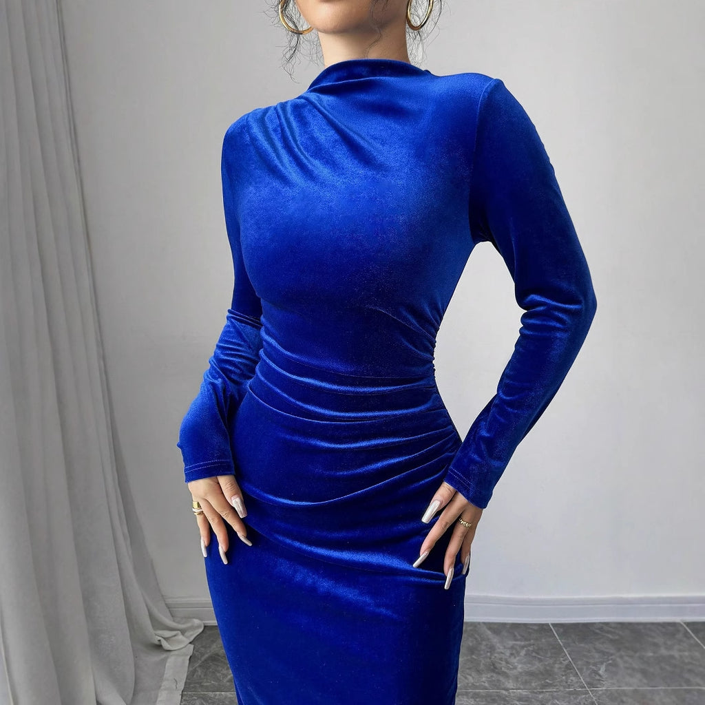 Damen Elegantes Samtkleid mit tailliertem Schnitt und langen Ärmeln Sovae