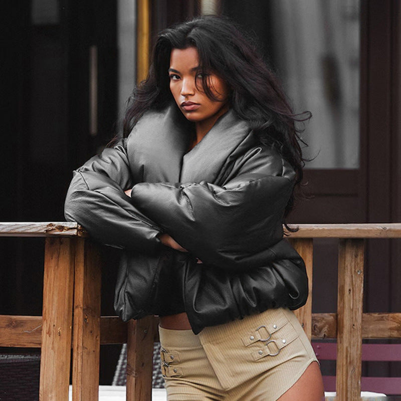 Damen Modische und lässige Kunstlederjacke mit oversized Kragen Sovae