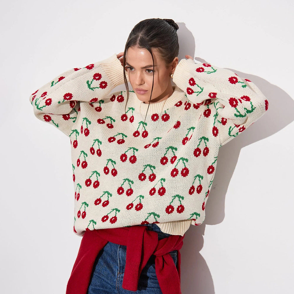 Damen Kuscheliger Strickpulli mit Kirschenmuster Sovae