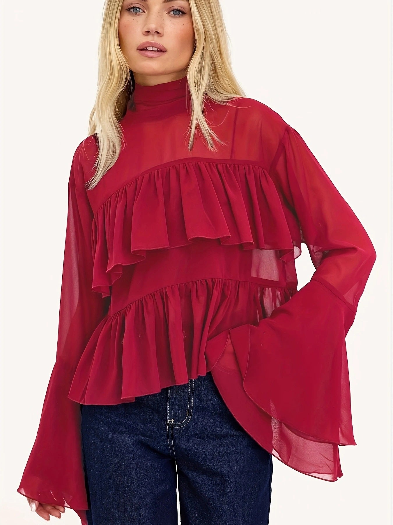 Damen Chiffon-Bluse mit Rüschen und weitem Ärmel Sovae
