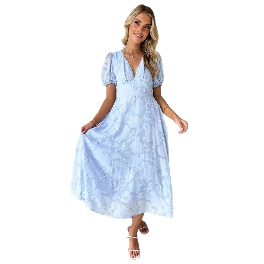 Damen elegantes Maxikleid mit Puffärmeln und V-Ausschnitt Sovae