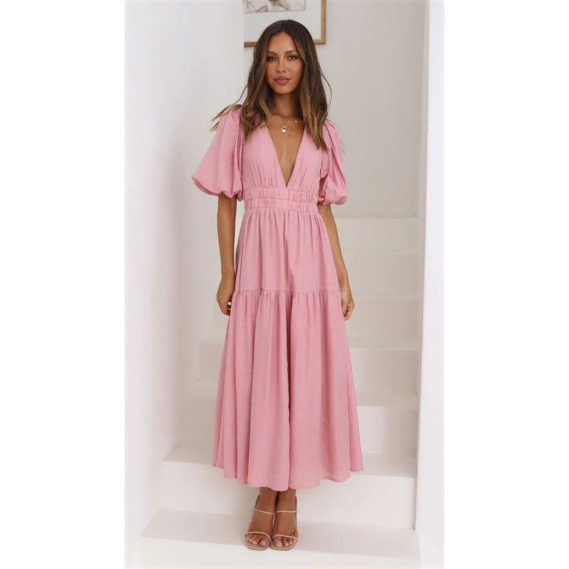 Damen Midi-Kleid mit Puffärmeln und tiefem V-Ausschnitt Sovae