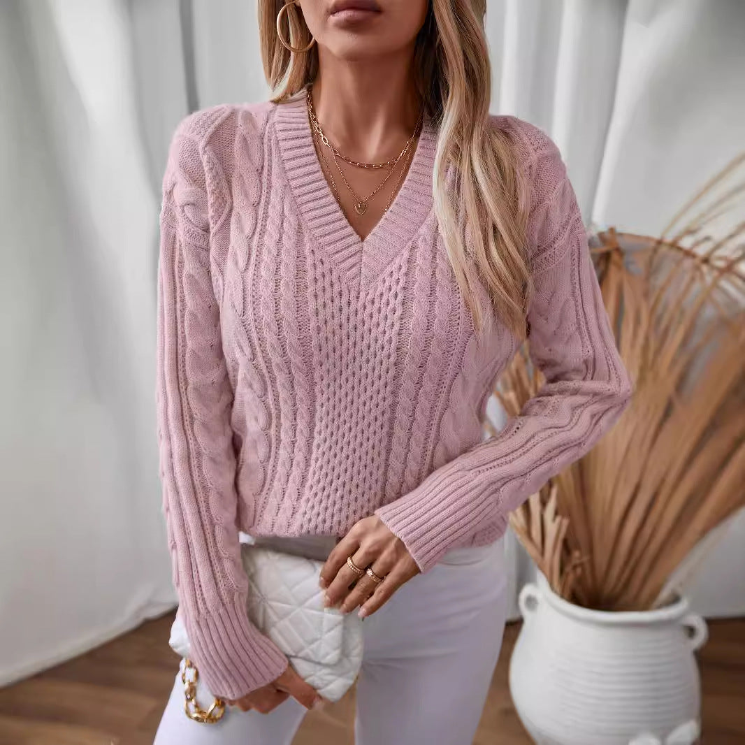 Damen modischer Strickpullover mit tiefem V-Ausschnitt und Zopfmuster Sovae
