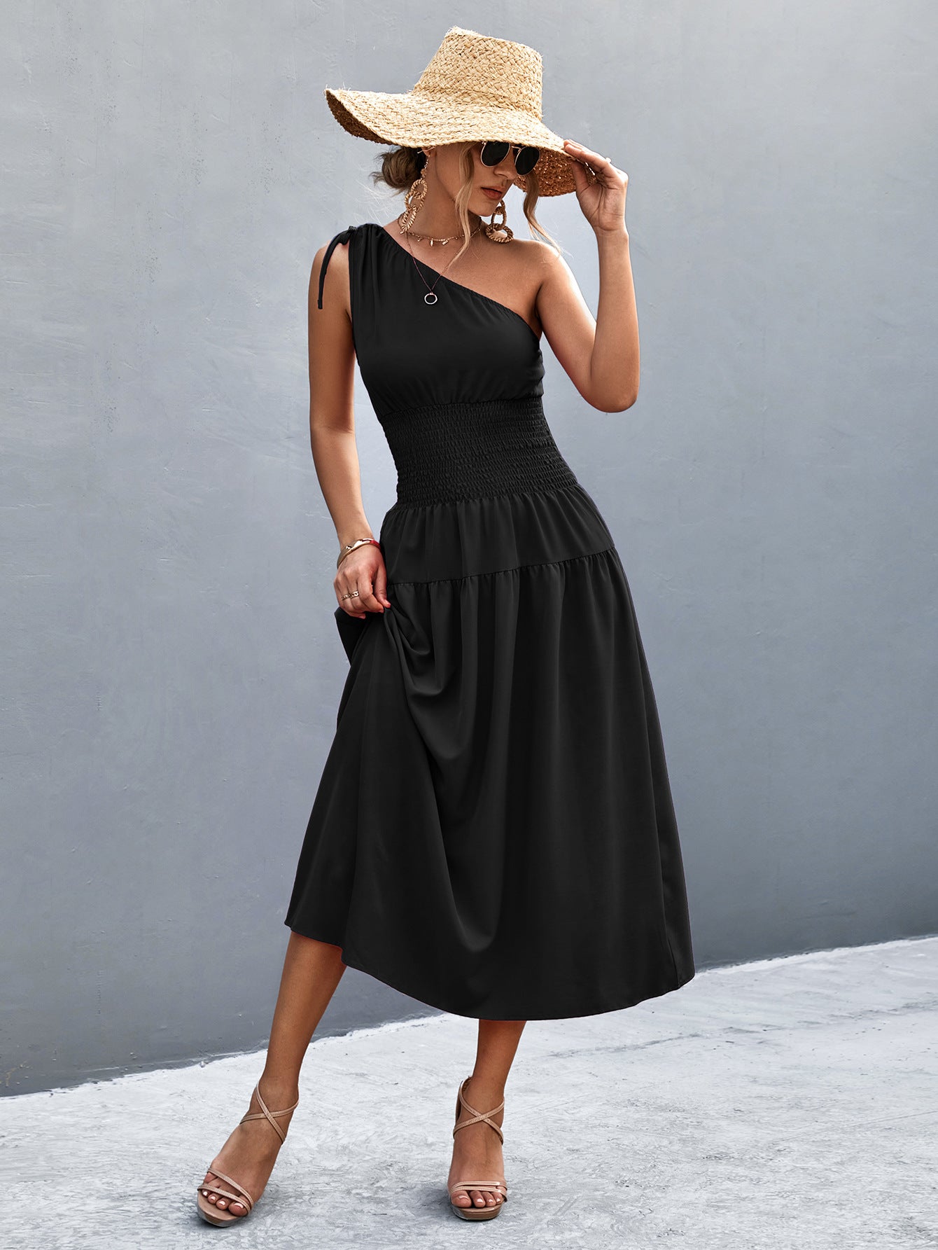 Damen Midikleid mit schnörkellosem Ein-Schulter-Design und elastischem Taillenband Sovae