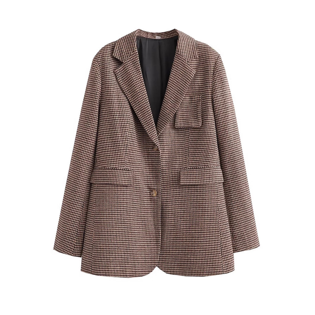 Damen modische Karoblazerjacke mit tailliertem Schnitt und großen Pattentaschen Sovae